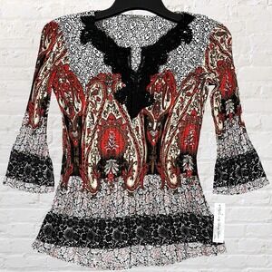 Signature Larry Levine Accordion Pleat Blouse Lace Size SP Paisley Boho Y2K NWT